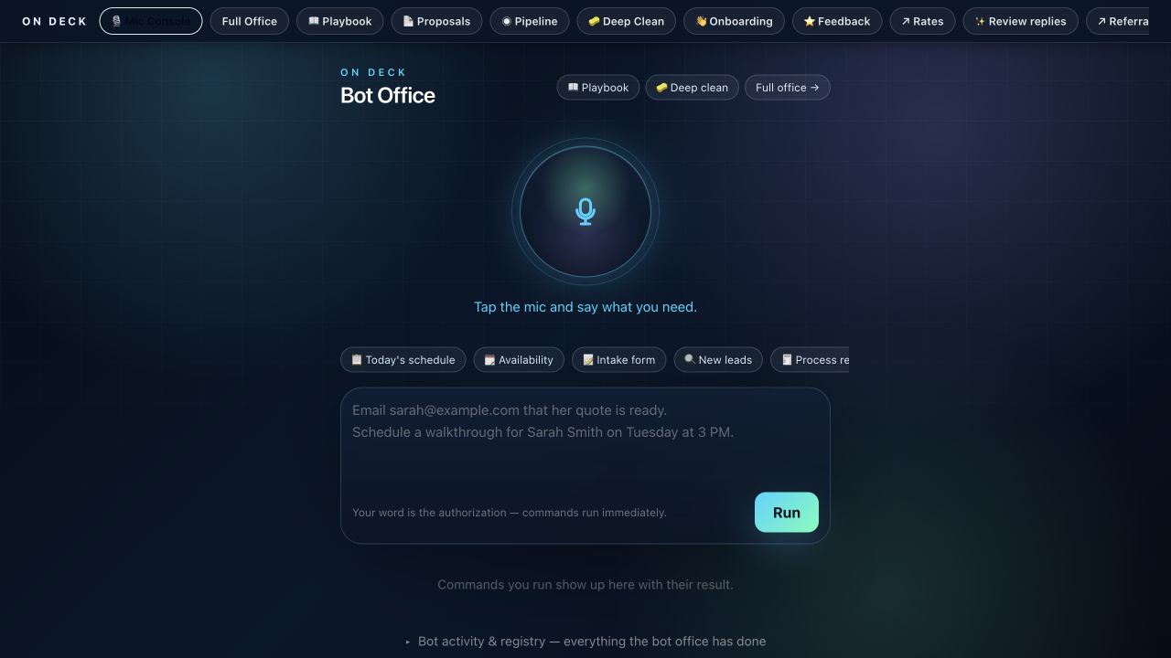 The Autopilot Office virtual command center with voice controls and automated business task shortcuts