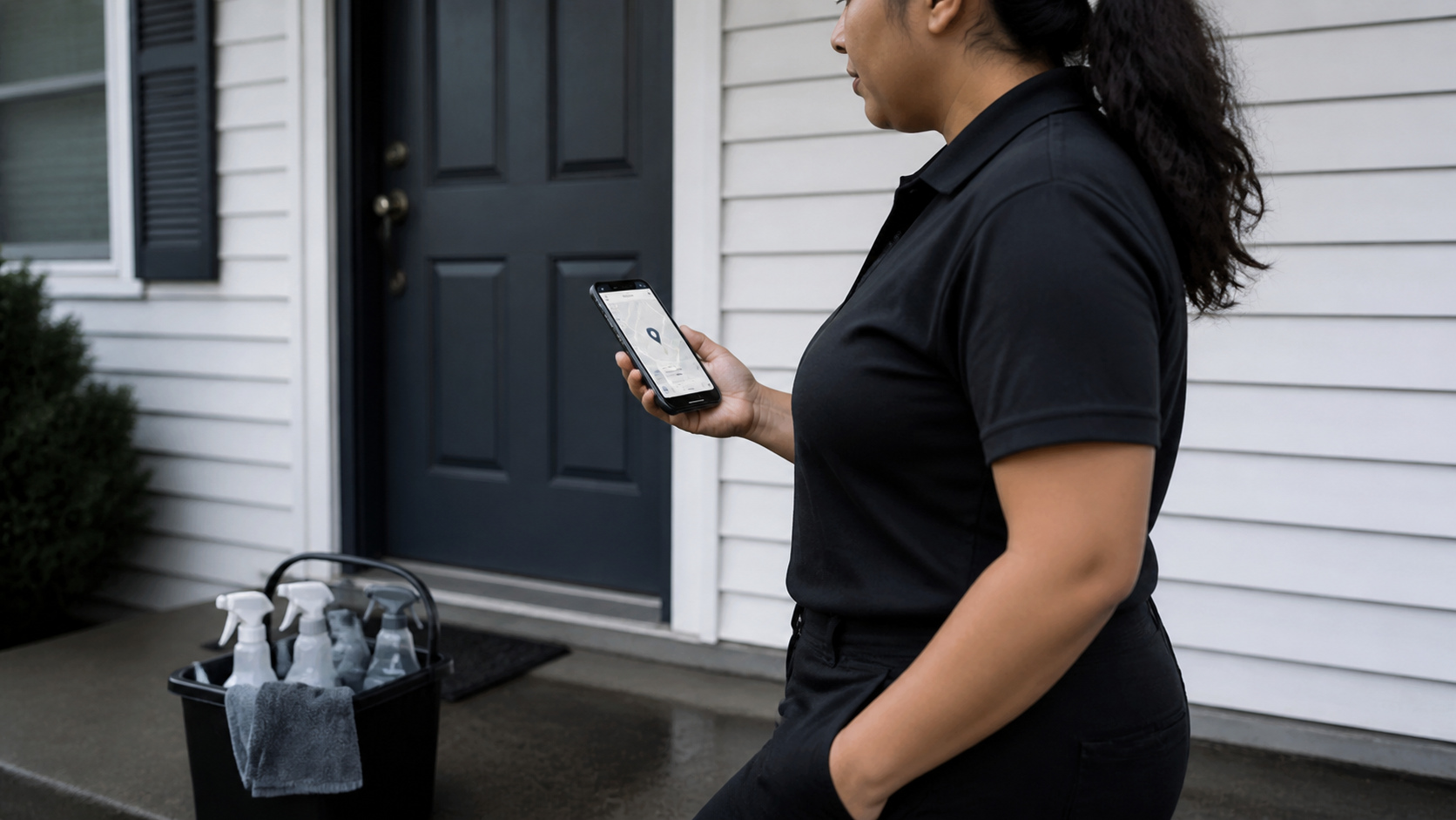 Local search results displayed on a phone outside a clean modern home