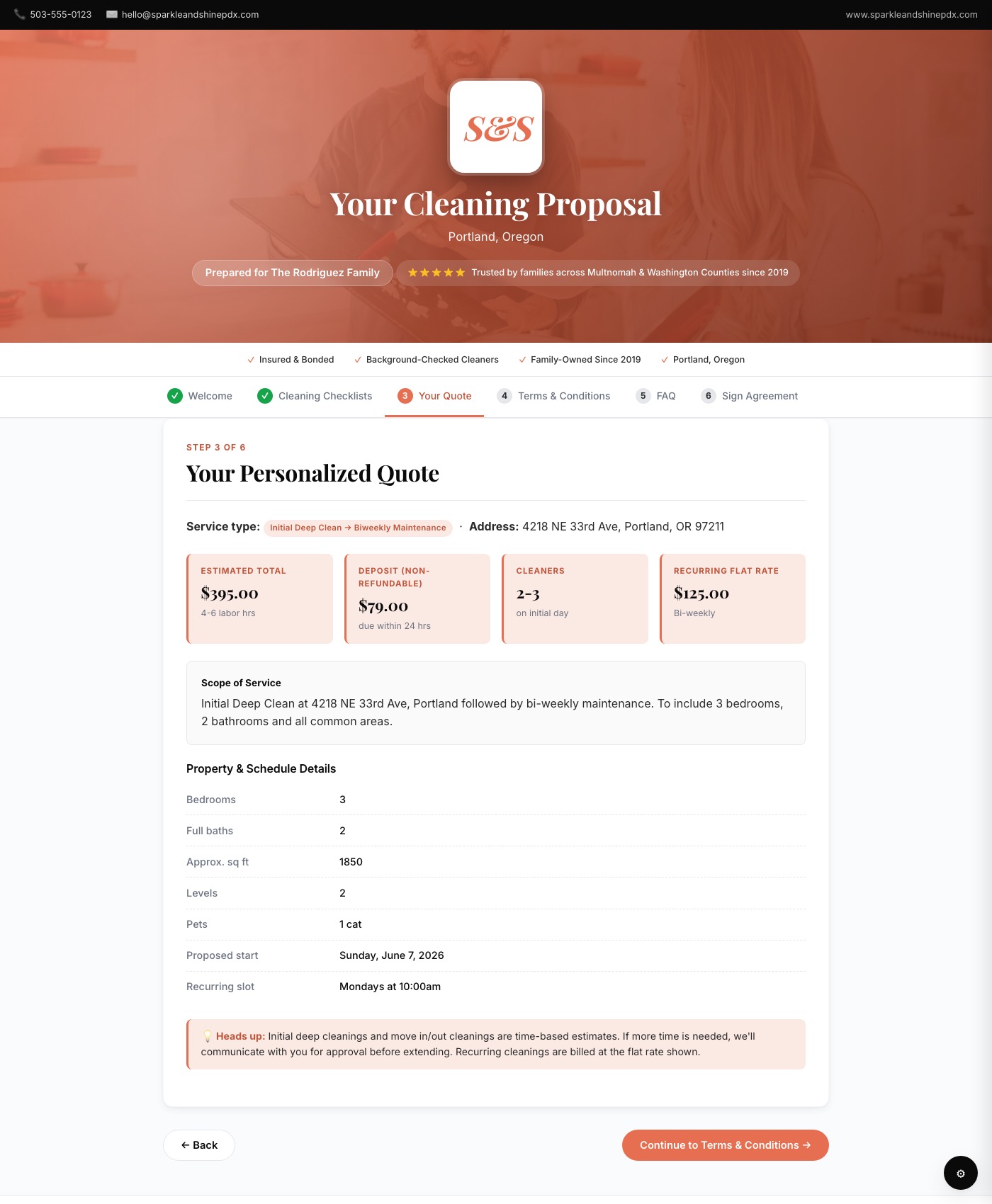 Proposal Pad demo quote screen with pricing, deposit, cleaners, and scope details