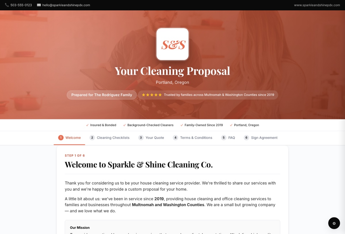 Sample branded proposal welcome screen