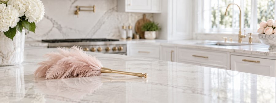 A pink feather duster with a gold handle on a bright marble kitchen counter